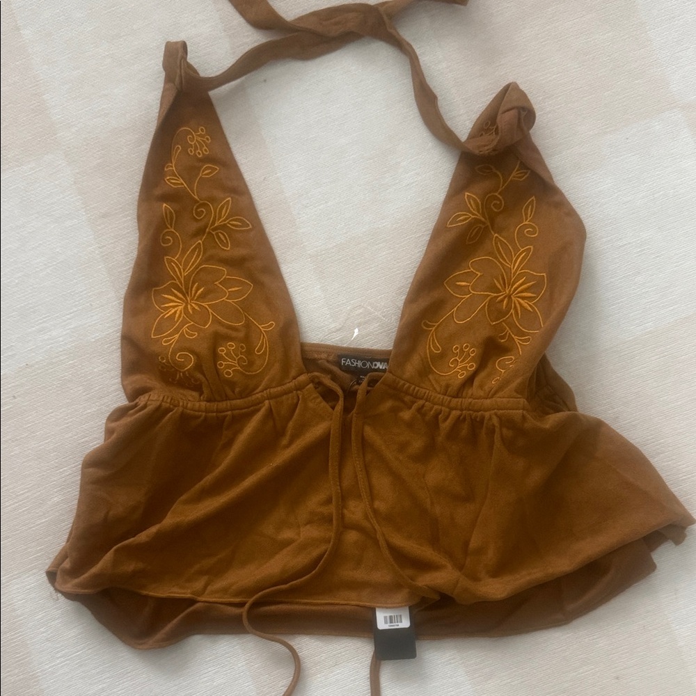 Fashion Nova Tan Top with Embroidered Design